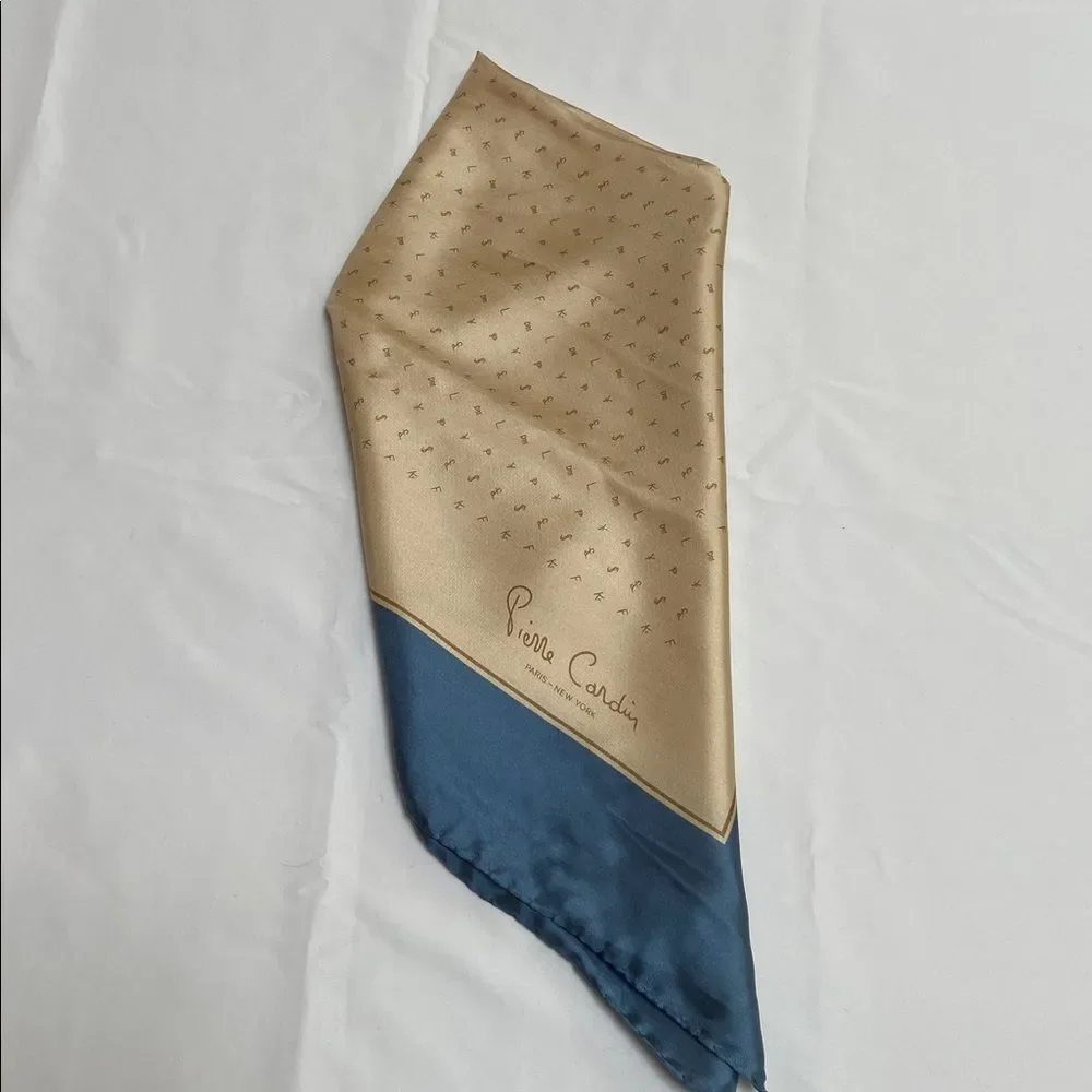 Vintage Pierre Cardin Cream and Blue Silk Pocket Square- New